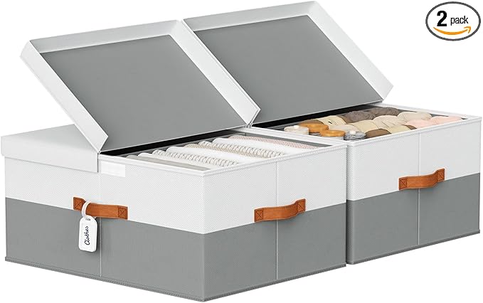 Extra Large Storage Bins - 2 Pack Closet Storage Boxes with Double-Open Lid & Divider Board, Stackable Colthes Storage Organizer, Fabric Basket with Label Tag for Home, Laundry