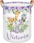 Personalized Laundry Basket, Custom Gift Laundry Hamper, Collapsible Nursery Waterproof Laundry Baskets, Dirty Clothes Toy Hamper with Handles Jungle Animal Purple Floral