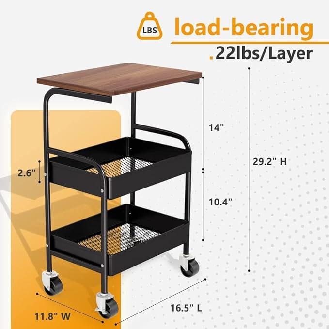Rolling Cart with Wooden Tabletop, 3 Tier Metal Utility Cart, Rolling Storage Organizer Cart with Lockable Wheels for Kitchen, Office, Bedroom (Black)
