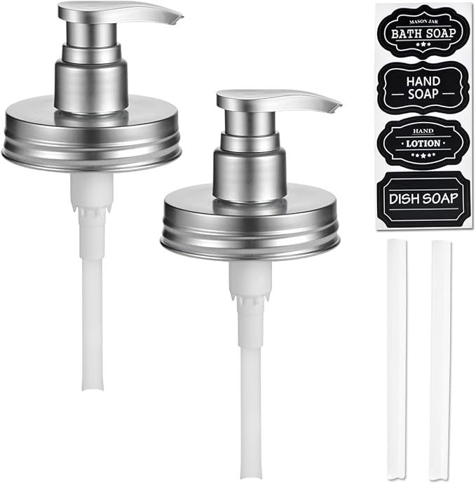 Amolliar Plastic Mason Jar Soap Dispenser Lids - Universal Pump Replacement for Regular Mouth Jar Farmhouse Decor for Kitchen, Bathroom, Dish Soap, Lotions, Hand Soap (2 Pack, Silver)