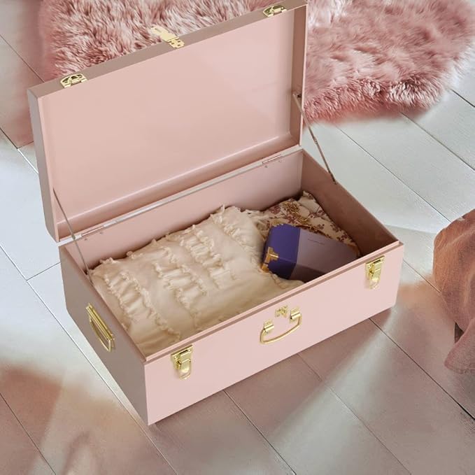 Vixdonos Decorative Metal Box Storage Trunks Set of 2 College Dorm Chest with Handle (Pink)