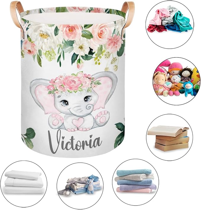Personalized Laundry Basket, Custom Gift Laundry Hamper, Collapsible Nursery Waterproof Laundry Baskets, Dirty Clothes Toy Hamper with Handles Pink Floral Elephant
