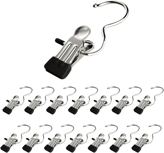 Clothes Pins, 15 Pack Hanger Hooks, Stainless Steel Laundry Clips, Travel Hangers, Towel Clips, Small Clothes pin for Closet Hanging, Space Saving Hanger Clips for Pants, Jeans, Hats, Boot(15P+Black)