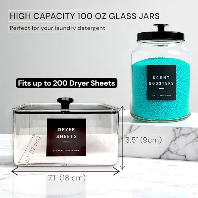 Glass Laundry Room Organization and Storage Set with Containers for Laundry Pods, Dryer Balls, Fabric Softener, Scent Booster Acrylic Dryer Sheet Holder 2 Large Glass Jars Labels and Scoops (3)
