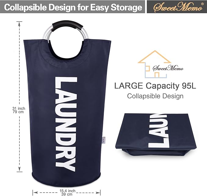 Large Laundry Basket Collapsible 95L, Tall Laundry Bag with Handles for Boys, Student, – Fioldable Dirty Clothes Hampers for College Dorm，Laundry Room, Lightweight, Sturdy - Navy Blue