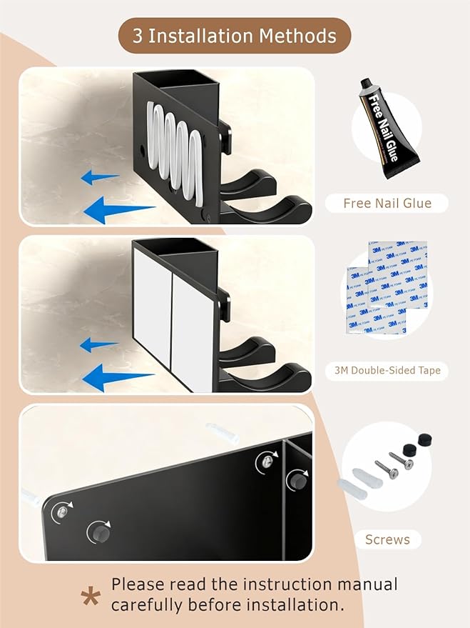 Hair Dryer Holder with Tool Organizer, Blow Dryer Holder Compatible with Dyson, Shark, Hair Dryer Hanger Wall Mounted by 3M Tapes Adhesive Or Screw for Bathroom, Vanity, Bedroom - Mg-Al Alloy, Black