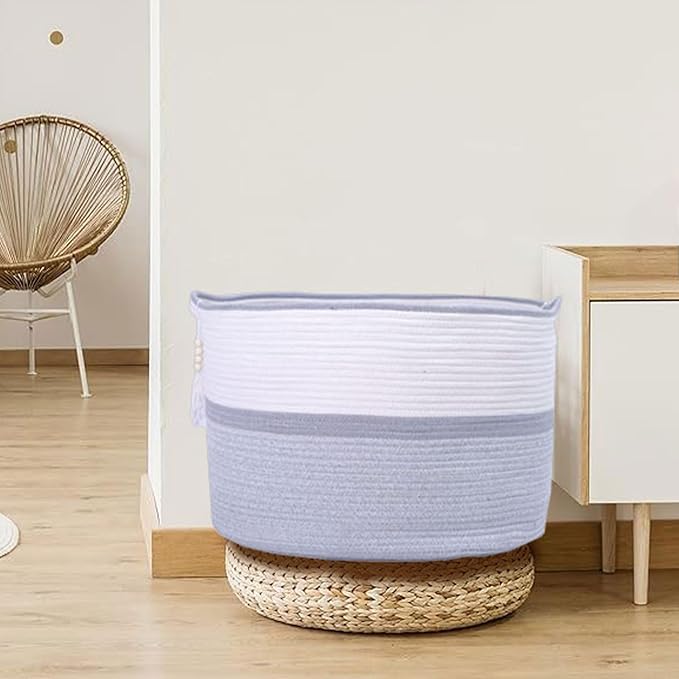 Large Woven Rope Laundry Hamper, Cotton Rope Storage Basket with Handles, Multipurpose Storage Basket for Laundry, Toys, Blankets in Bedroom, Bathroom, Living Room - Stylish & Durable (Gray, 100L)