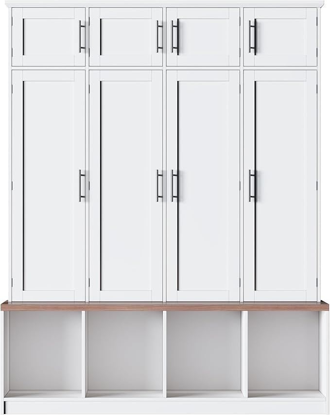 75" H Farmhouse Hall Tree with Storage, Versatile 4-in-1 Coat Hanger with 4 Hidden Hanging Hooks, 8 Doors, Entryway Shoe Cabinet with Open Compartments for Living Room