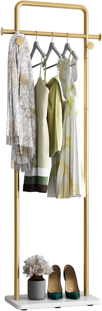 TIEOU Gold Clothing Racks with Shelf, Heavy Duty Gold Clothes Racks for Boutiques, Free-Standing Metal Garment Rack for Hanging Clothes, Modern Coat Rack Entryway