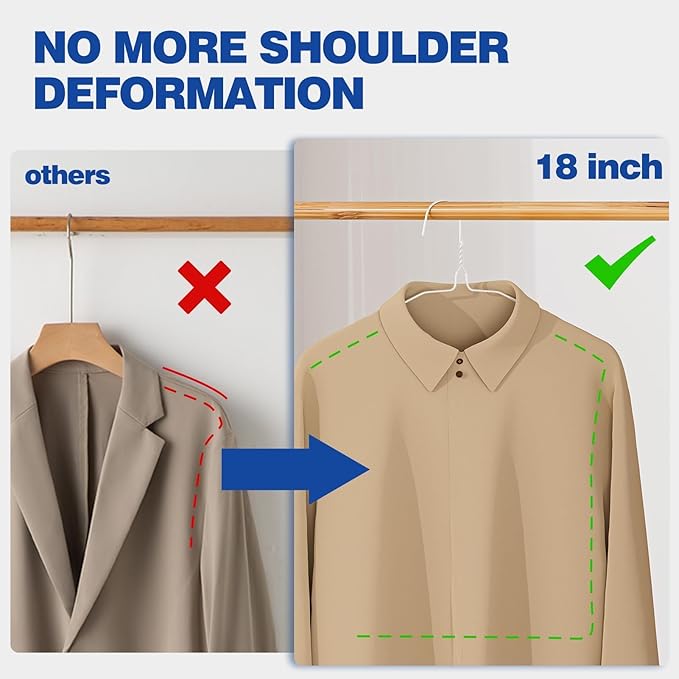 18 Inch Wire Metal Clothes Hangers Bulk 100 Pack, Extra Long for Large Size Suits, Coats, Shirts, Pants, Skirts, Ultra Thin, Space Saving, Non Slip, White