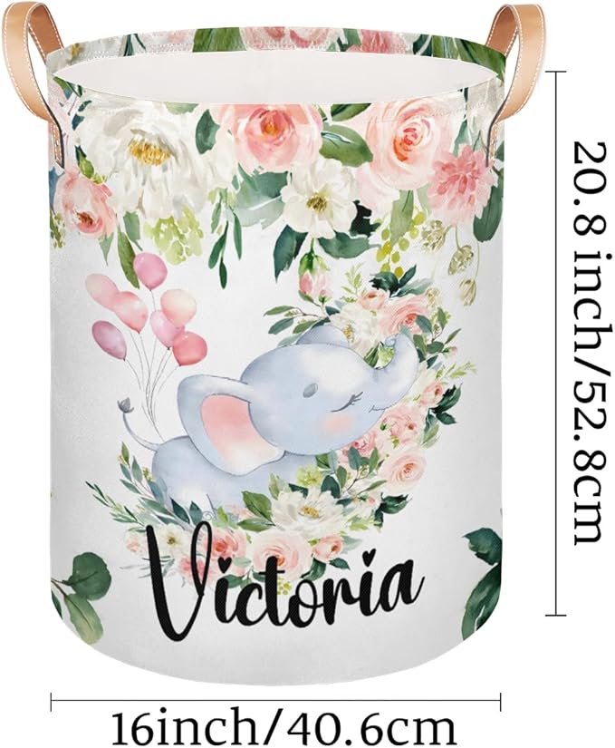 Personalized Laundry Basket, Custom Gift Laundry Hamper, Collapsible Nursery Waterproof Laundry Baskets, Dirty Clothes Toy Hamper with Handles Pink Floral Elephant Sleep