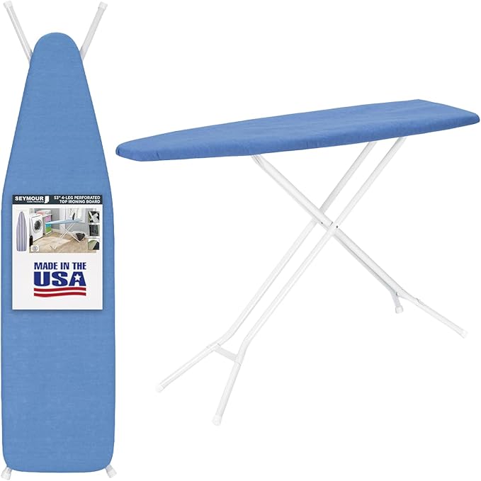 Full Size Ironing Board Made in USA – Dark Blue by Seymour Home Products 4 Heavy-Duty Steel Legs Perforated Top for Steam Includes Cover & Pad Sturdy, Foldable Iron Board for Home & Laundry