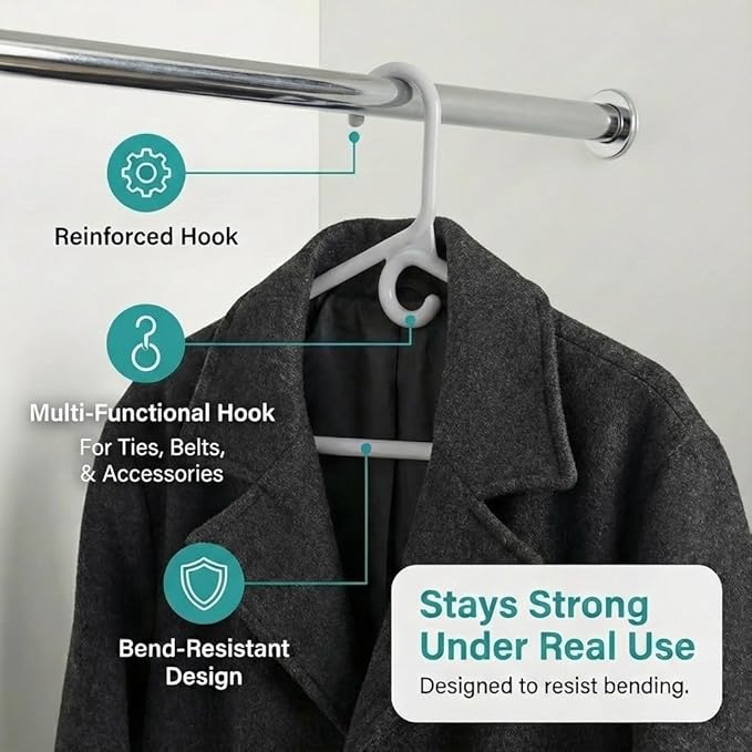 DEILSY™ Gray Heavy Duty Hangers with Hooks for Scarves & Belts – Thick and Strong Clothes Hangers for Shirts, Jackets, Pants, and Dresses – Space-Saving Plastic Hangers – Pack of 50