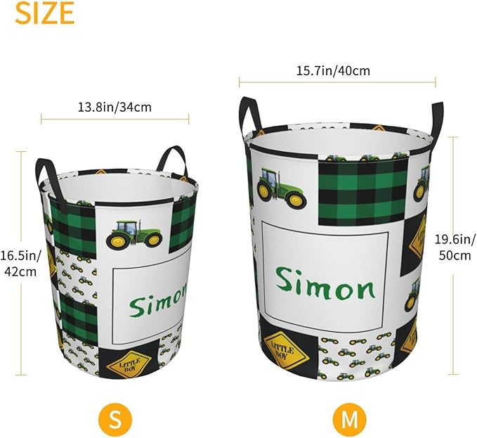 Green Tractor Personalized Laundry Basket Name Clothes Hamper with Handles Waterproof Laundry Storage Baskets for Bedroom Bathroom Decor.