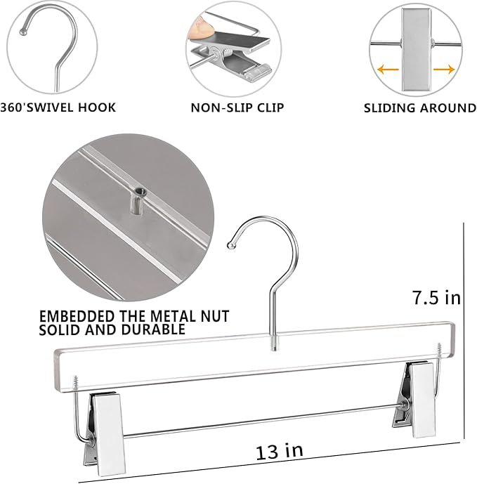 Besser Acrylic Pants Hanger 10 Pcs,Clear Acrylic Hangers with Bright Silver Clips，Lxurious Skirt Pants Hangers Clips for Clothing Closet Storage