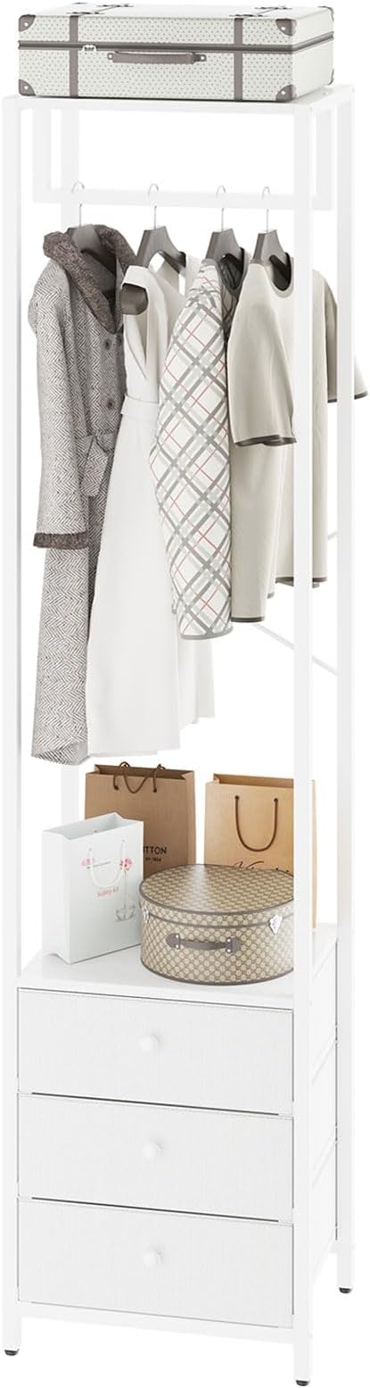 YMYNY Coat Racks, Clothes Rack with Drawers, Freestanding Tall Closet Organizer with 3 Fabric Drawers, Clothes Stand for Hanging Shirts, Coat,15.35" L×11.41" W×70.47" H, White UHGR001W