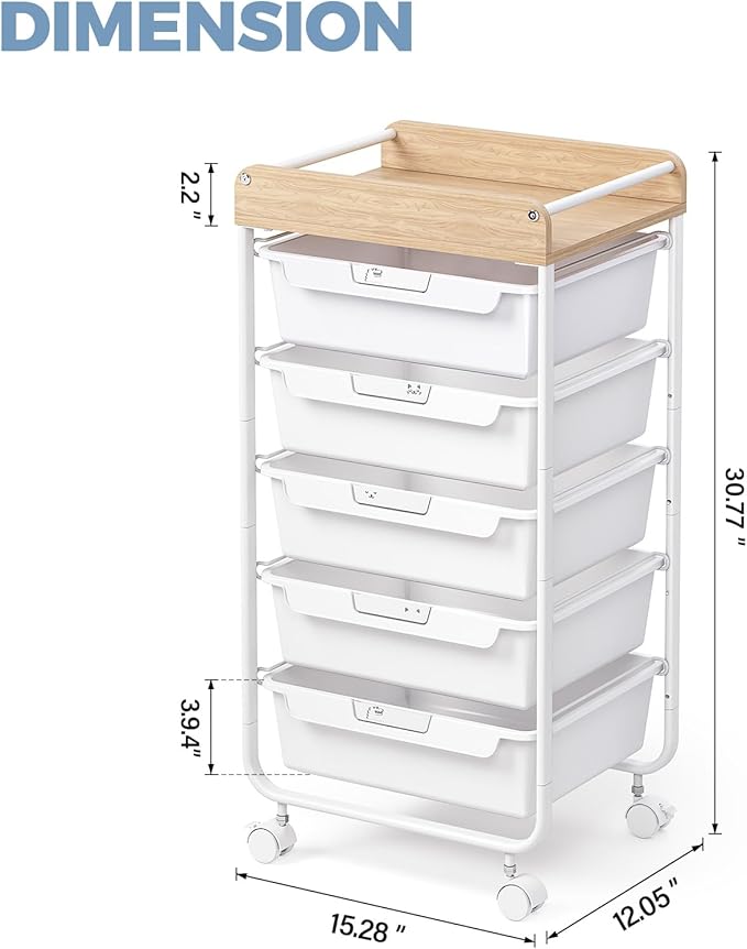 APEXCHASER Plastic Drawer Organizers with 5 Deep Drawers, Rolling Utility Cart with Wooden Top,Craft Storage Cart for Paperwork,Crafts,Snack,Kids’ Room,Nursery,White
