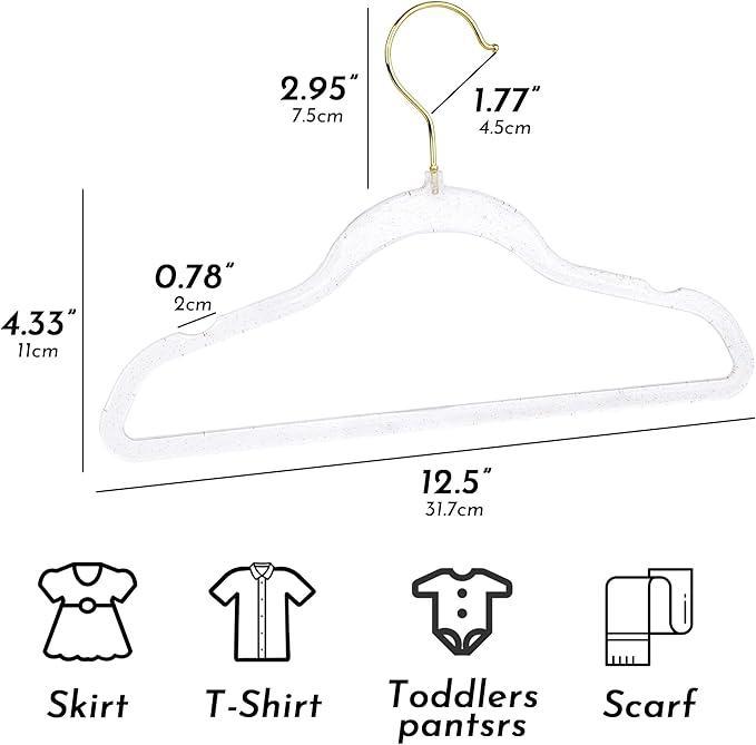 20-Pack Kids Glitter Clothes Hangers – Sparkly Non-Slip 12.5in (32cm) Slim Hangers for Nursery Closet Organization, Gold Glitter with Matching Hook
