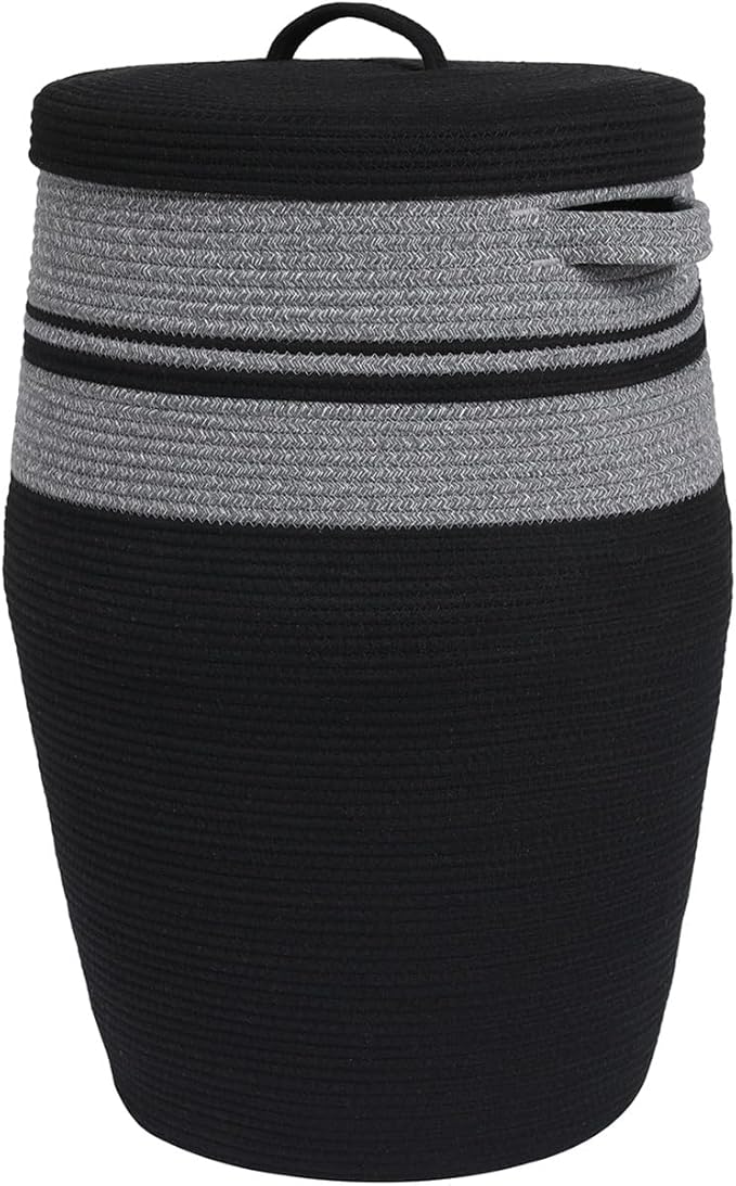 26" x 20" Handcrafted Tall Cotton Rope Basket with Lid, Stylish Flagon Shape with Cover, Clothes Hamper with Top, for Bedroom and Living Room, Grey Mix/Black