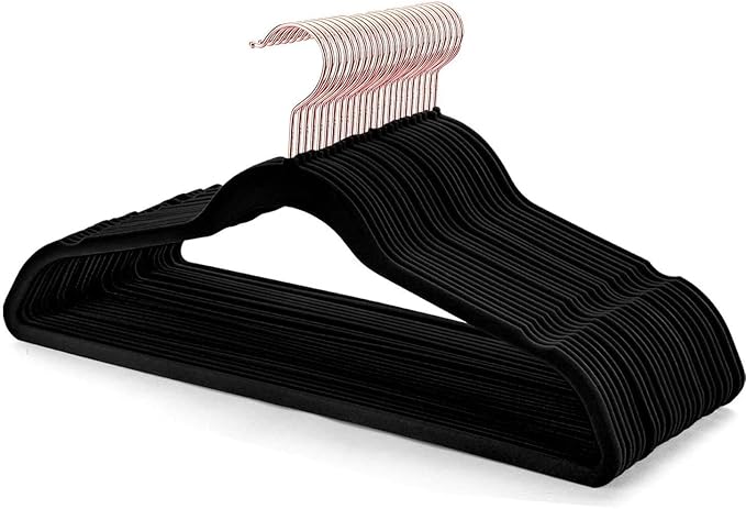 Premium Velvet Clothes Hangers, Heavy Duty Study Black Hangers for Coats, Suit & Dress - Non Slip Clothes Hanger Set (100, Black/Rose Gold)
