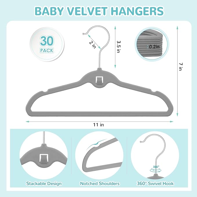Baby Velvet Stackable Hangers 30 Pack, 11 Inches Gray Kids Clothes Hanger for Closet, Non Slip Toddler Infant Hangers for Nursery, Thin Space Saving Children Felt Hanger with 360° Swivel Hooks