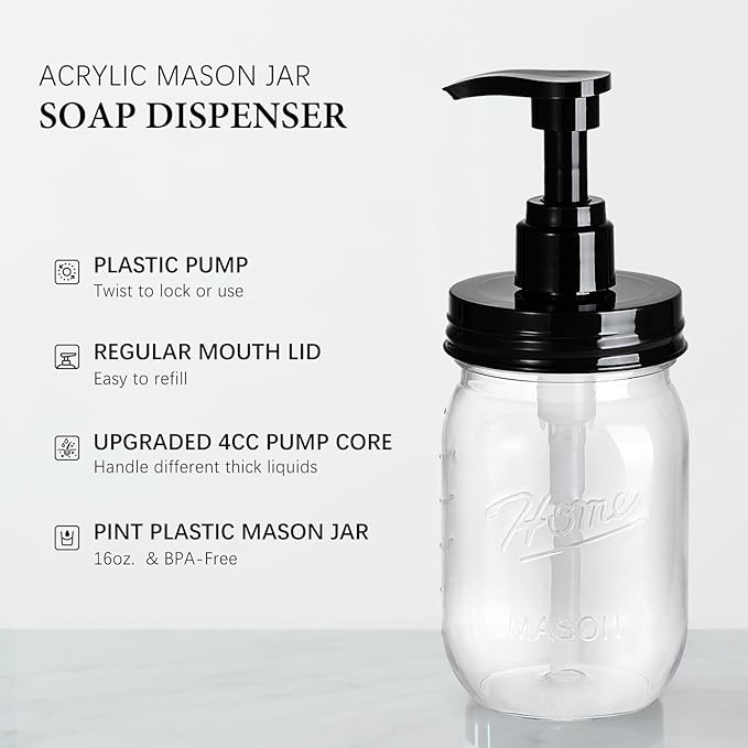 Amolliar Plastic Mason Jar Soap Dispenser with Pump Lid,16OZ Refillable BPA-Free Hand Soap Dispenser Set with Cute Lables - Farmhouse Decor for Kitchen/Bathroom,Liquid Soap,Dish Soap, Lotion (3 Pack)