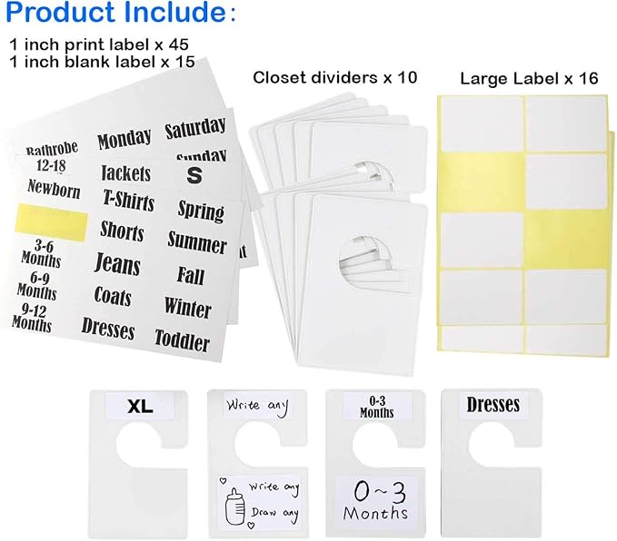 10 Pack White Clothing Rack Size Dividers Plus 60 Labels (1 Inch) and 16 Large Blank Labels, Large Rectangular Clothing Closet dividers (Pearl White)