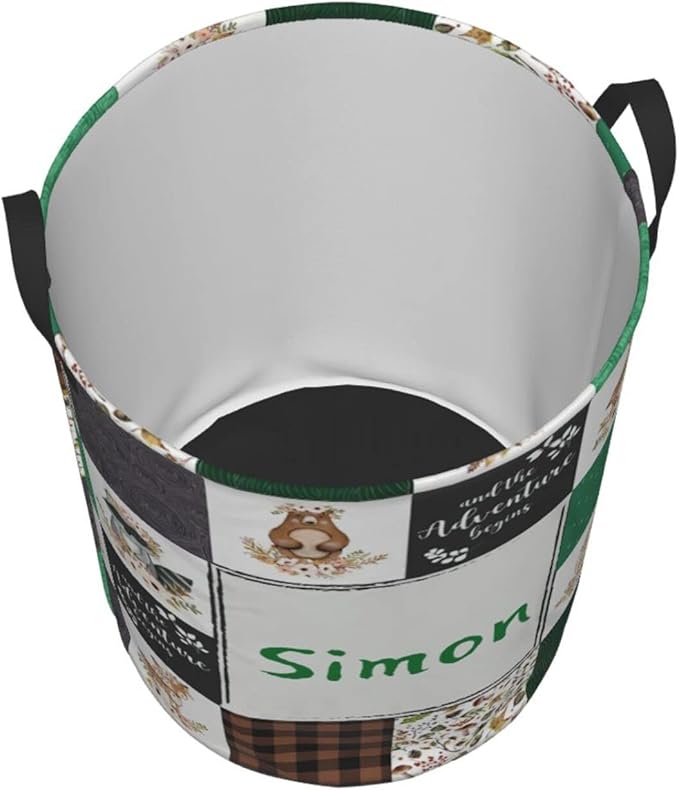 Greenery Woodland Animals Personalized Laundry Hamper Custom with Name Collapsible Waterproof Storage Basket with Handles for Bedroom Clothes Toys.