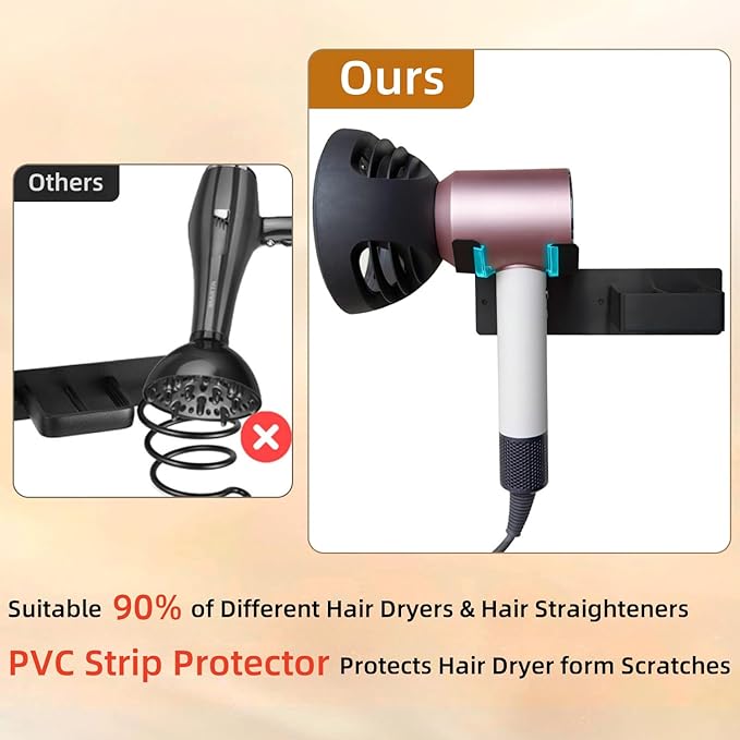 Hair Dryer and Straightener Holder, Upgraded Hair Straightener Holder with Cable Hook, Stainless Steel Universal Hair Dryer Wall Mount Waterproof for Bathroom Space-Saving Black