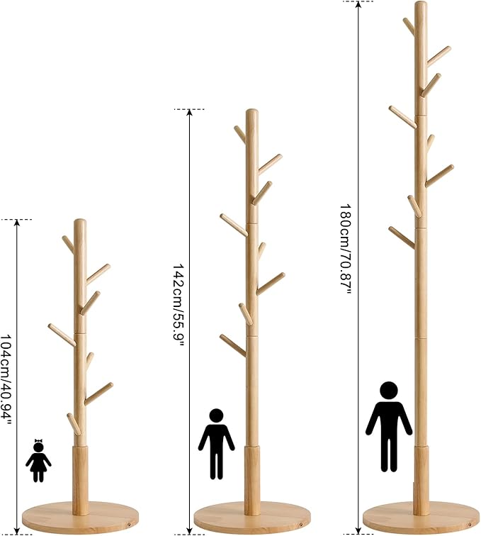 IBUYKE Coat Rack Stand, Freestanding Coat Tree with Solid Round Base and 8 Hooks, Easy Assembly Wooden Coat Hanger, Clothes Rack for Hallway Entryway, Living Room, Bedroom, Natural Color WD-115