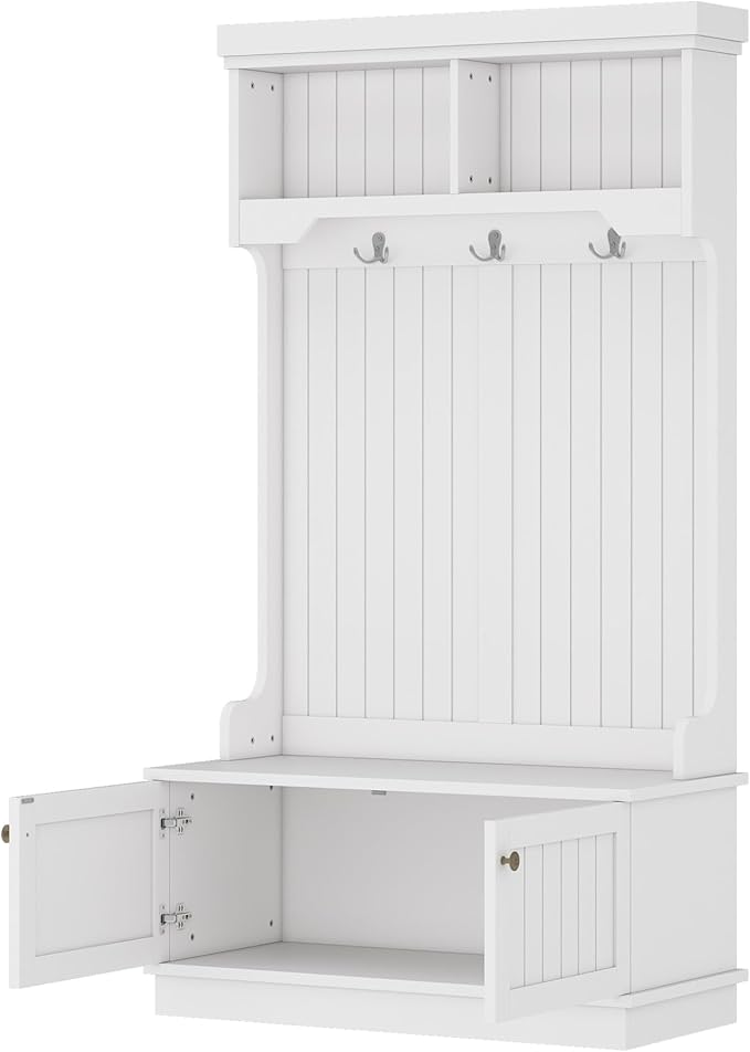 35.5 inch Hall Tree with Bench and Shoe Storage Shelf, Wood Hall Tree with 4 Hooks/Mudroom Bench with Storage and Hooks, Wood Hall Trees for Entryway, Hallway, Living Room, White