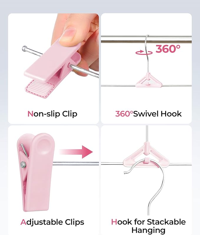 Skirt & Pant Hangers for Women Kid - 30 Pack Pink Space Saving Stackable Skirts Hangers with Clips - Non-Slip, Adjustable for Men, Children, Baby
