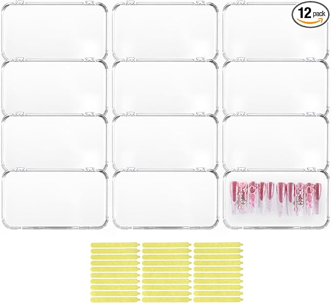 12Pcs Press On Nail Cases Large, 5.1”×2.95” False Nail Packaging Cases with 30Pcs Adhesive Double Sided Tape, Plastic Clear Box for Fake Nails Storage