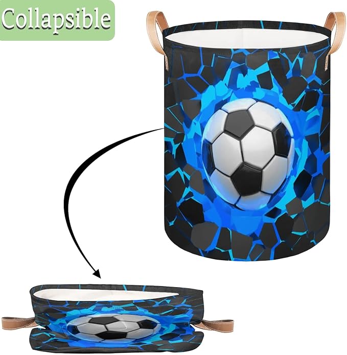 Sport Football Large Laundry Basket - Blue Soccer Kids Laundry Hamper with Handles - Collapsible Dirty Clothes Organizer Boys Toy Storage Bin Nursery Hamper for Bedroom Bathroom Decor