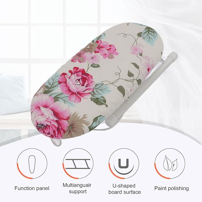 Ironing Board, Heat Resistant Mini Iron Board Foldable Tabletop Ironing Board Portable Iron Board Clothes Ironing Accessories for Home Dorm (Peony Flower)