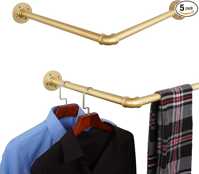 AddGrace Industrial Pipe Garment Rack Iron Wall Mounted Right Angle Corner Clothing Rack with Screws DIY Home Storage Display(Gold)