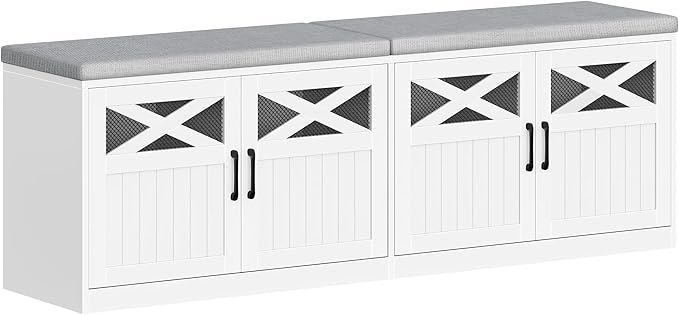 2 Tier Shoe Storage Bench with Doors, 59" Farmhouse Shoe Bench with Padded Cushion, 12-16 Pairs of Bed End Bench, Entryway Bench with Storage for Bedroom, Living Room, White SB61503X