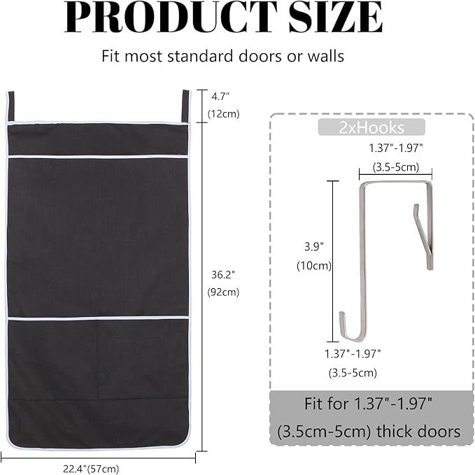 Black Hanging Laundry Hamper Bag, XL Door Hanging Hamper with Large Openging Laundry Hamper Storage Bag Large Size 36X22 Inch, Over Door Hamper