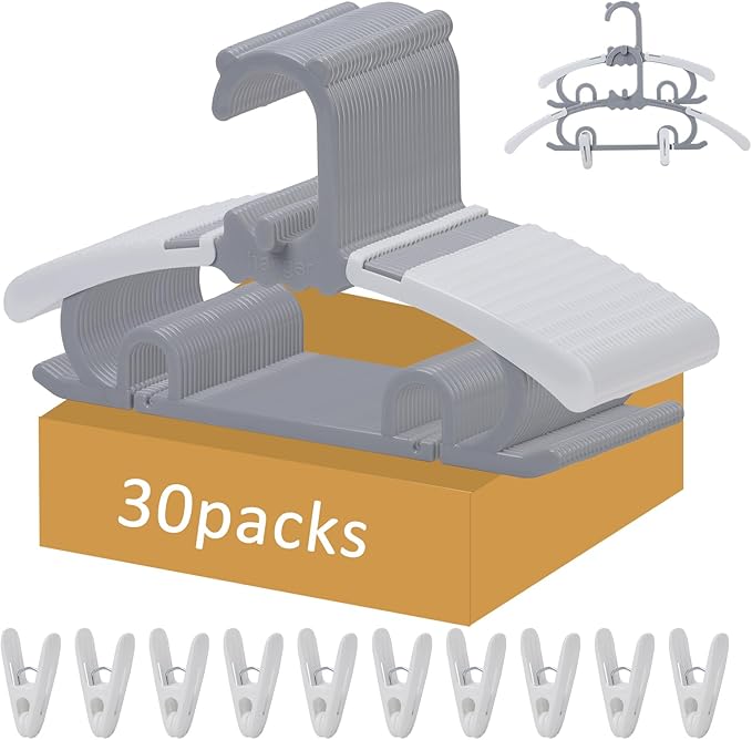 30 Pack Clothes Hangers with 16 Clips, 11-15 inch Plastic Adjustable Clothes Hanger, Durable & Non-Slip, Space Saving Coat Hanger for Pants, Jackets and Dress (Grey)