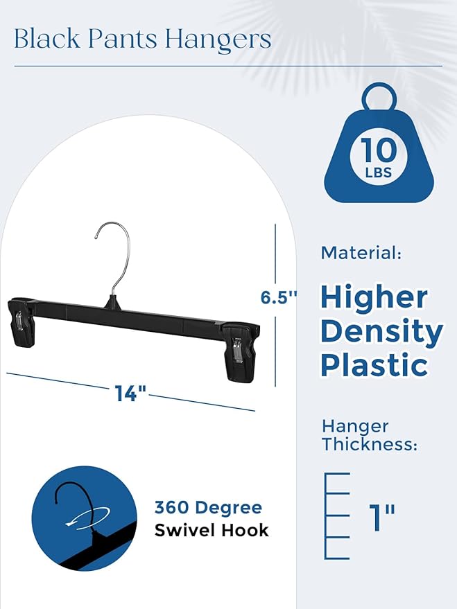 Smartor Space Saving Heavy Duty Hangers - 300 Pack, Slim Plastic Pants and Shorts Hangers, Ridged Non-Slip with Pinch Clips, 360-Rotating Chrome Swivel Hook, Black, 14 Inches