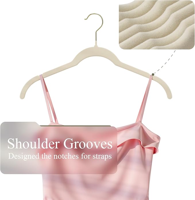 Korpai 50 Pack Beige Velvet Hangers, Non Slip,Durable,Slim Hangers Space Saving,Felt Hangers with Gold 360°Swivel Hook for Coats,Strappy Dresses,Shirts,Sweater ect