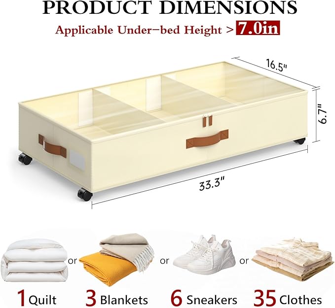 Yecaye Under Bed Storage with Wheels, 4 Pack Under Bed Storage Containers with Adjustable Dividers & Clear Window, Rolling Underbed Organizer Bins Drawers for Clothes, Shoes, Blankets, Beige