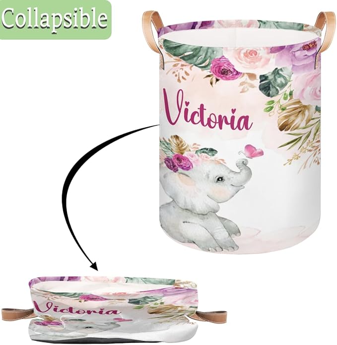 Personalized Laundry Basket, Custom Gift Laundry Hamper, Collapsible Nursery Waterproof Laundry Baskets, Dirty Clothes Toy Hamper with Handles Purple Blush Floral Elephant