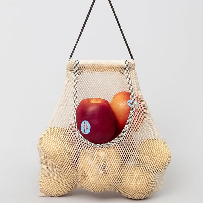 Durable Reusable Hanging Storage Mesh Bags for Fruits, Vegetables, Garlic, Ginger & Potatoes, Kitchen Storage Mesh Bag, Breathable Storage Bags for Home Decor & Kitchen Decor (2 white bags & 2 hooks)