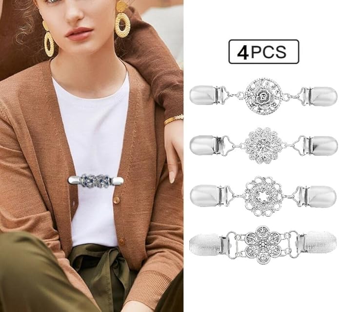 Vintage Sweater Clips Shawl Dresses Shirt Clips Retro Cardigan Collar Chain Clips Brooch Pins for Women