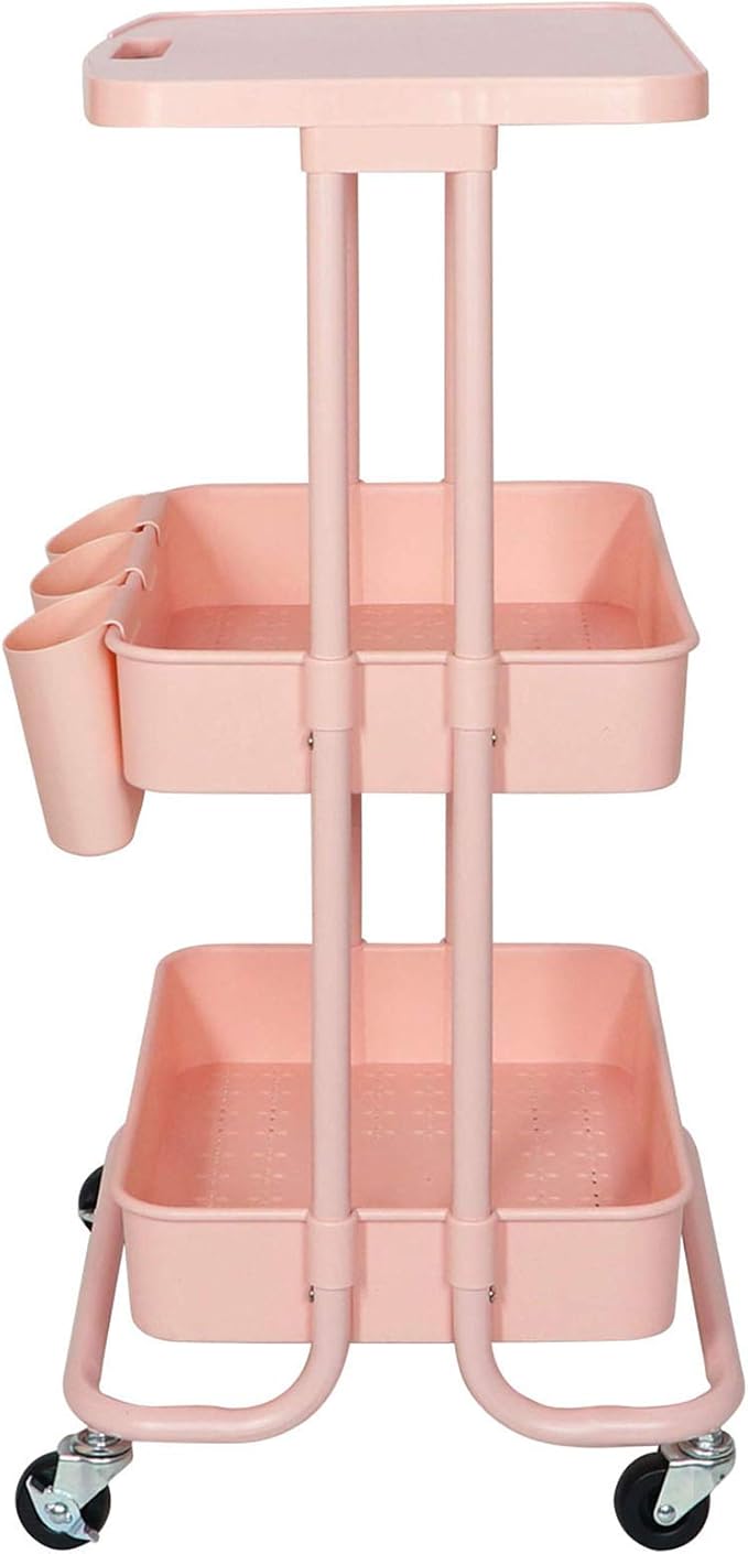 3 Tier Rolling Cart Pink Utility Cart with Table Top Multi-Functional Storage Trolley for Office, Living Room, Kitchen, Movable Storage Organizer on Wheels with Hanging Cups