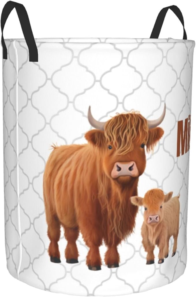 Personalized Laundry Basket for Nursery, Custom Nursery Laundry Hamper with Name, Customize Baby Clothes Circular Hamper for Boys Girls Room Decor, Highland Cow