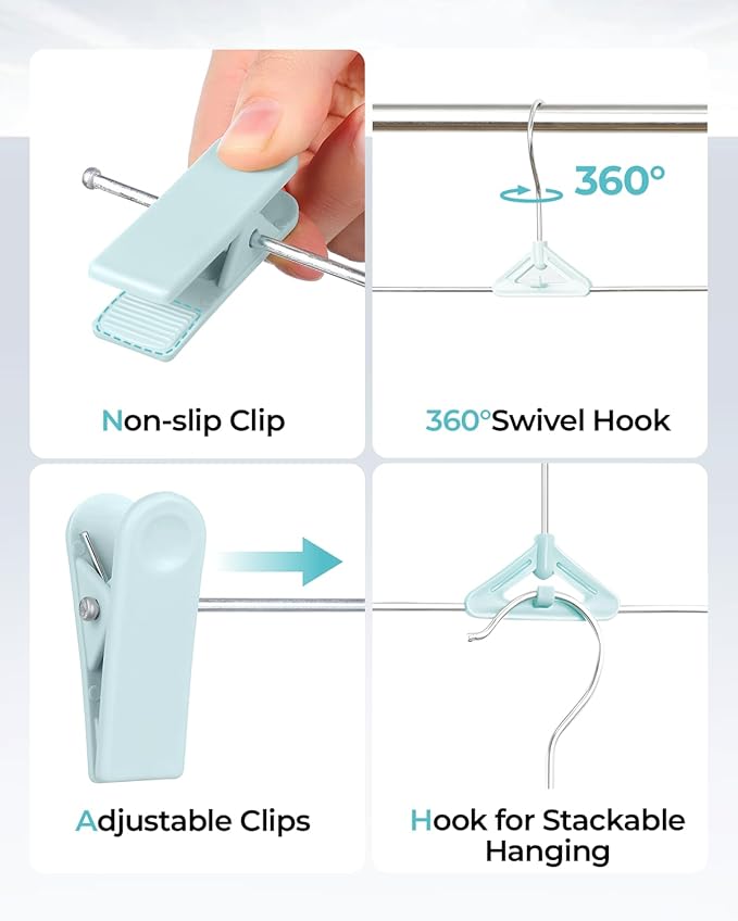 Pant Skirt Hangers with Clips 50 Pack - Space Saving Stackable Shorts Hangers with Clips - Non-Slip, Adjustable for Women, Kids, Men, Children, Blue