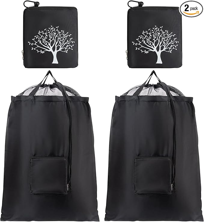 2 Packs Travel Laundry Bags, CLEADUS Foldable Dirty Clothes Bag 【Upgraded】 with Drawstring Mesh, Handles, and Carabiner, Portable, Suitable for Travel, Gym, Camping (Black)
