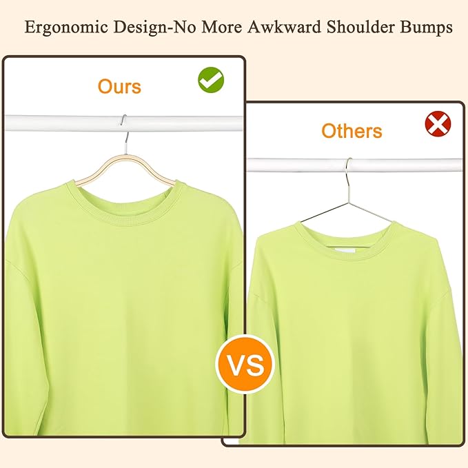 TOPIA HANGER Sleek Wooden Hangers with Non-Slip Rubber Grips, Sweater Hangers No Shoulder Bump, Lightweight Clothes Hangers 20-Pack, 360° Swivel Hook and Pants Bar-CT63N20